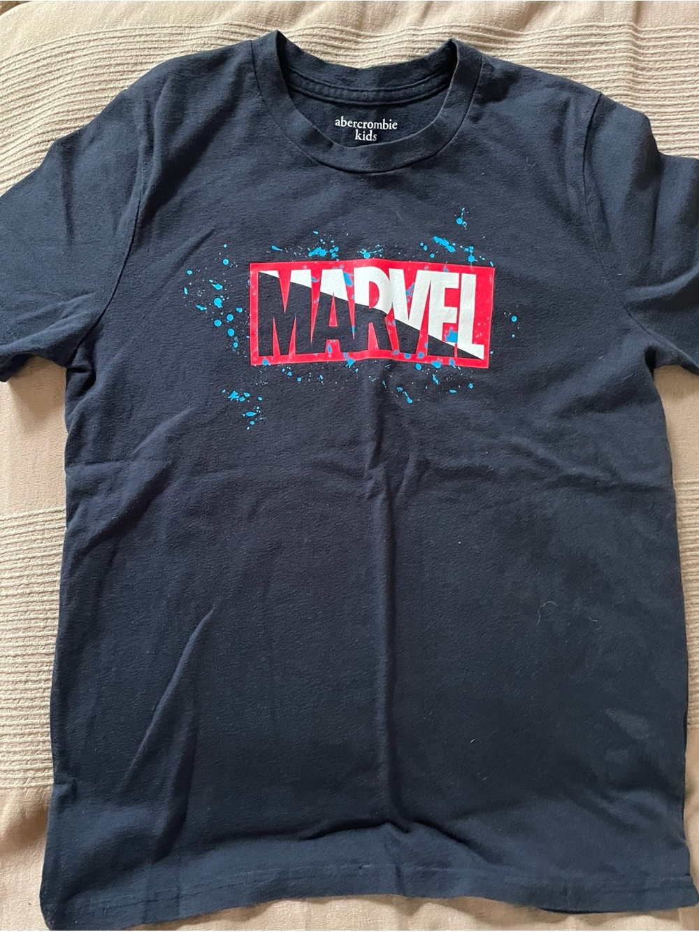 abercrombie kids Black Tee with Red Marvel Logo & Teal Splatter